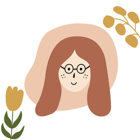 female portrait shape. girl in glasses. Abstract woman face. young women head flowers. girl avatar. Hand drawn boho female portrait character. cute illustration. Girl face isolated graphic element.の写真素材