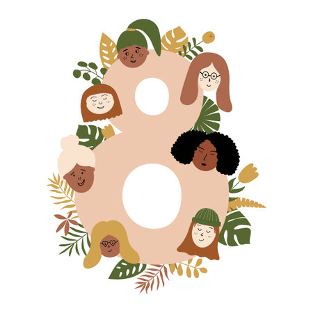 8 march international womens day graphic element. Women faces of different ethnicity, tropical...