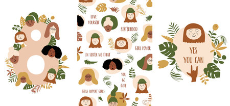 International Womens Day cards set. 8 march templates for card, poster, flyer. Abstract women...