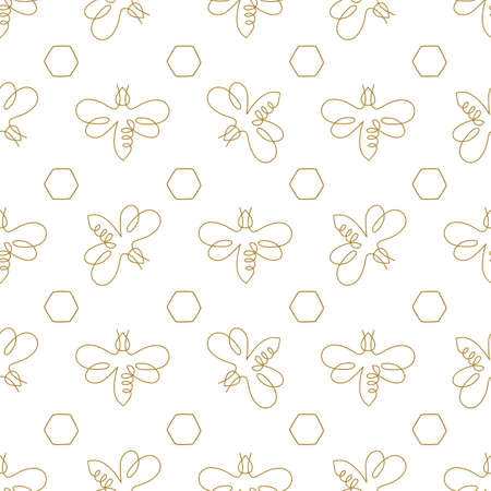 Bee one line draw pattern. Bee one continuous line drawing seamless paper. Gold honey identity background. Gold bee farm pattern. Vector design graphic illustration. beekeeping wallpaper. package.のイラスト素材