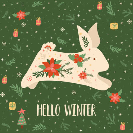 Christmas rabbit 2023. Floral new year rabbit symbol 2023 year. Hello winter hand drawn Merry Christmas card. Cute jumping rabbit into gifts, poinsettia, fir branch, snowflakes. vector illustration.のイラスト素材