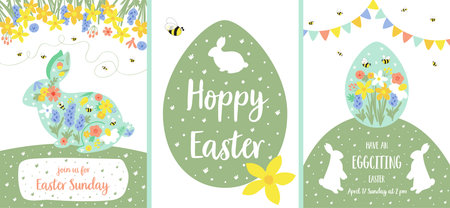 Floral easter poster set, floral rabbit bunny banners collection Happy Easter invitation. Happy Easter vector card.のイラスト素材