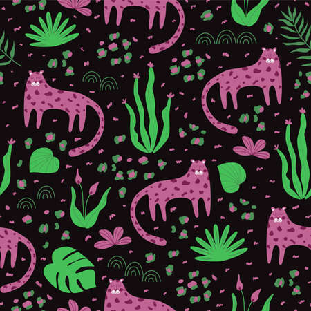 Dark leopards tropical leaves pattern. Abstract jungle tropical leaves, cartoon jaguar camouflage spots background. Hand drawn palm monstera animal skin print. Vector illustration surface design.のイラスト素材
