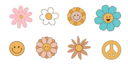 Groovy flowers set. Retro 70s smiling flowers graphic elements isolated collection. Hippie, peace, flower power simple linear style Groovy smiling face illustration. Retro vintage flowers.の写真素材