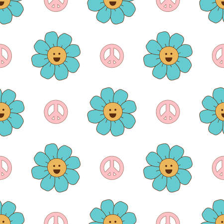 Groovy flowers pattern. Retro seventies floral seamless pattern with smiley flowers peace symbol. Pastel vintage groovy daisy flowers. Retro floral power background surface design Vector illustration.のイラスト素材