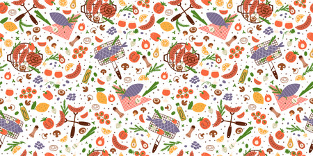 BBQ pattern. BBQ party seamless pattern. BBQ party food background. Summer picnic banner with...