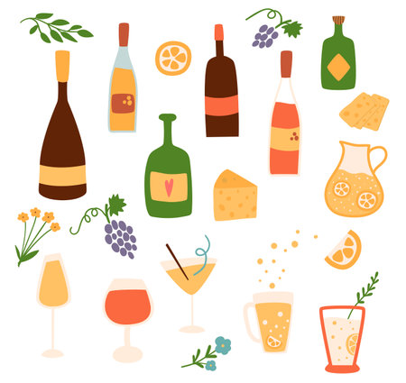 Cute wine bottles set. Cartoon wine bottles collection for summer picnic party. Cocktail set. Glass of wine.の写真素材