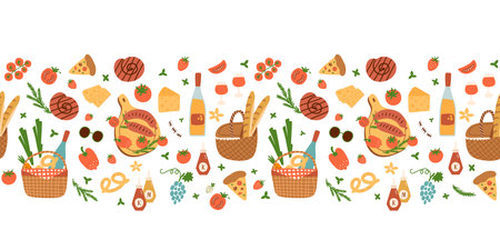 Picnic horizontal banner. Summer food seamless banner. Hand drawn picnic baskets food, repeated...