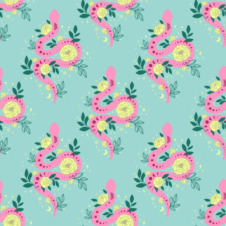 Floral snake seamplles pattern. Celestial snake background. Pink decorative serpent, star flower...