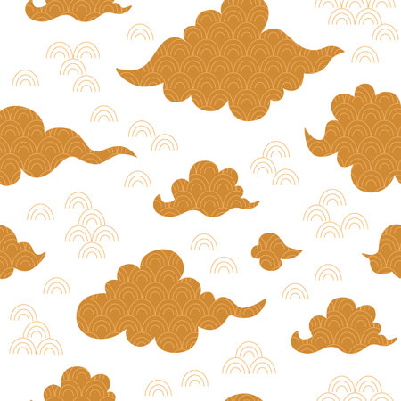 Asian clouds golden pattern. Chinese traditional clouds background, korean decorative seamless print. Japanese sky banner wallpaper gold color Vector illustration. Japanese design paper. Asian ornate.のイラスト素材
