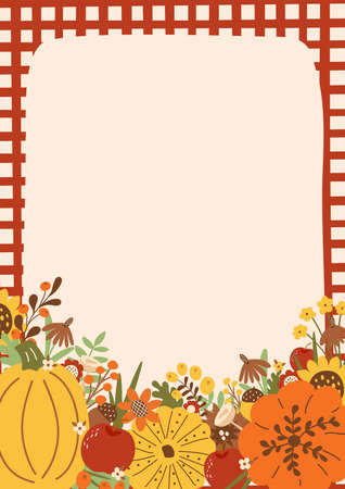 Harvest festival poster. Autumn fest banner decorated with pumpkin, sunflowers, fall leaves. Fall harvest vector illustration. Fall farmers market banner design. Sunflower frame, card. Farm organic food.のイラスト素材