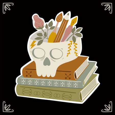 Skull vase skull sticker back to school gothic concept dark academia books mystical pencil stand isolated element. Witchcraft vector illustration. Cute mystery human skull head gothic. Mystery poster.のイラスト素材