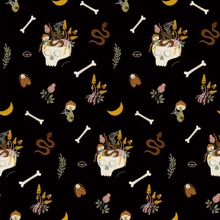 Floral skull mystery pattern. Dark Academy seamless print. Human skull head, mushroom, snake, moth illustration for halloween background. Witch Craft paper design. Skeleton wallpaper. cartoon design.の写真素材