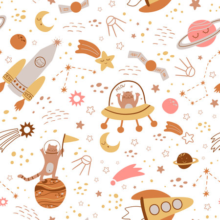 Kids space pattern with hand drawn space elements, cute rocket, planets, moon, stars cat in space. Repeated cosmic background. Baby space print, fabric, nursery textile design. baby illustration.の写真素材