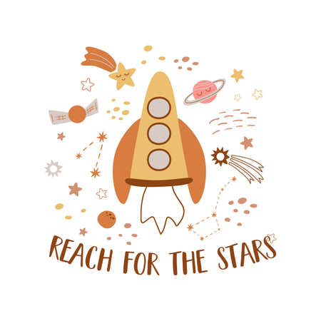 Space phrase, cosmos quote. Baby space rocket print. Cute childish outer space elements, planets, stars, spaceship. Vector kids cosmos card, universe illustration in pastel brown color. nursery spaceのイラスト素材