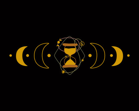 Moon magic symbol, Triple moon illustration. Hourglass, planets, moon, stars decorative graphic element isolated.Cute kids witchcraft symbol, astrology, alchemy, boho and magic symbol in vector.のイラスト素材