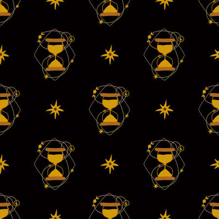 Dark magic pattern. Witchcraft seamless pattern. Hourglass, stars hand drawn background. Mystery symbol. Hourglass, planets, moon, stars decorative graphic print, Backto school vector illustration.のイラスト素材