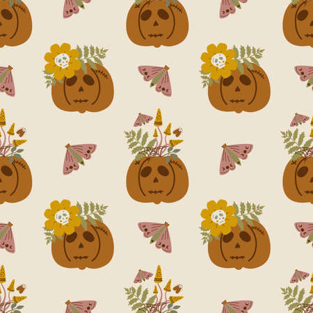 Halloween pumpkin pattern. Horror floral pumpkin background. Funny spooky pumpkin with fear face. Halloween seamless pumpkin. Spooky wallpaper, packaging design. vector illustration.のイラスト素材