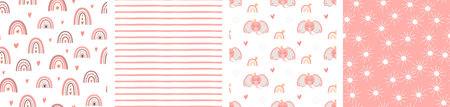 Pink baby girl pattern set. Girl pink sweet background. Pink vector seamless design. Baby rainbow,...