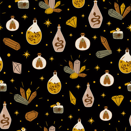 Witchcraft pattern with witch bottle poison with bugs, snake, serenet, spider magic elixir, crystals. Witchcraft potion bottle seamless background. Occult vector illustration Alchemy design print.のイラスト素材