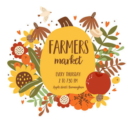 Harvest Festival poster. Autumn fest banner decorated pumpkin, sunflower fall leaves. Fall harvest vector illustration. Autumn food Fall farmers market banner design Eat local food. Farm organic food.のイラスト素材