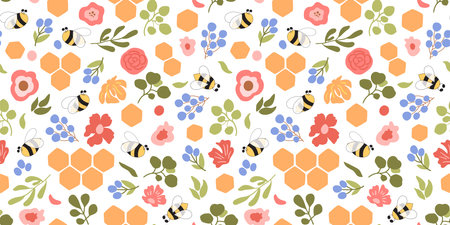 Floral honeycomb pattern. Bee honey pattern Bee seamless pattern. Cute hand drawn summer meadow flowers, bee honeycomb background. Hand drawn honey template. Vector illustration. Floral bee print.のイラスト素材