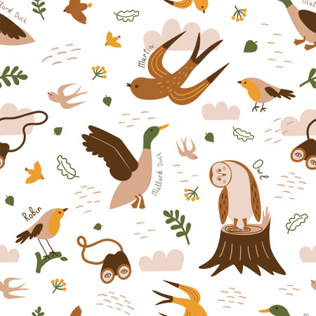Birdwatching seamless pattern. bird print. Birds flying in nature background. Duck, robin, owl, martin birds illustration. Vector wildlife wallpaper Bird watching ornithology, bird watcher concept.のイラスト素材