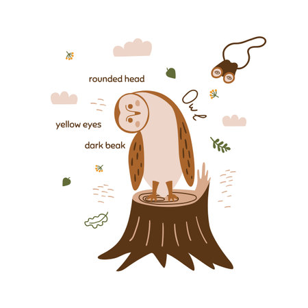 Birdwatching checklist. Owl bird. Ornithology concept. Birder printable bird watching checklist. Vector owl cartoon illustration. Garden backyard bird icon. Zoo, wildlife poster, banner element.のイラスト素材