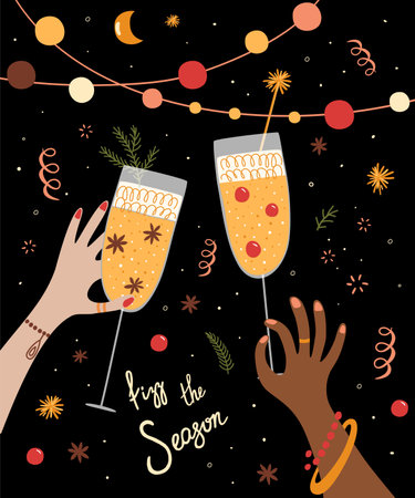 Cheers champagne. Champagne girl. Champagne glasses toasting. New Year or Merry Christmas party celebration. girls party celebration. Woman hands holding glass of champagne. winter season illustrationのイラスト素材