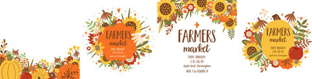 Harvest festival poster set. Autumn fest banner collection. Cute pumpkin, sunflower fall leaves. Autumn harvest market invitation collection. vector illustration. local food poster designのイラスト素材