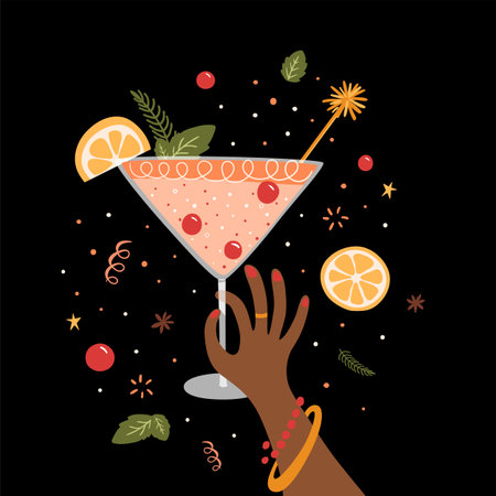 Martini cocktails, martini glass, Cheers girl. Champagne girl. Martini cocktail toasting with female hand. New Year party celebration. girls party. Woman hand holding martini glass. vector illustrationのイラスト素材