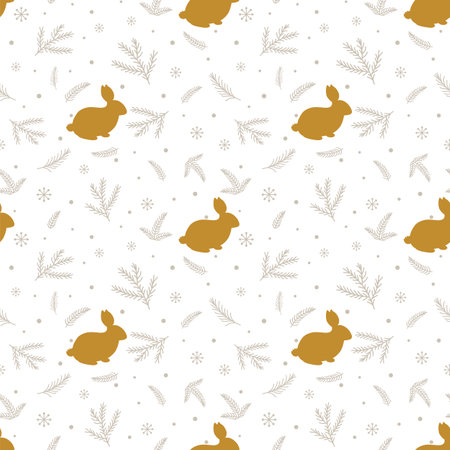 Gold floral Christmas pattern with rabbits. golden hares fir branches background. Golden winter forest texture. Winter holiday seamless pattern, winter New Year 2023 wallpaper Vector illustration.のイラスト素材