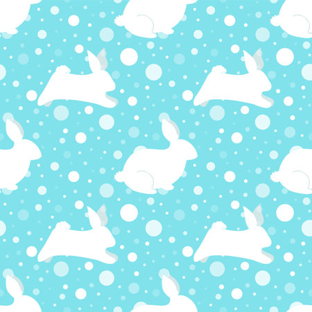 New Year rabbit pattern. New Year 2023 seamless background, textile, fabric design. Vector print with rabbits, hare, snowflakes. Cute winter holidays illustration. Polka dot. Blue winter print rabbitsのイラスト素材
