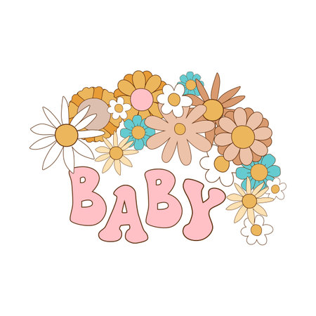 Retro 70s quotes. Groovy baby. Flower power lettering. Floral retro hippie phrase, T-shirt design, baby shower invitation. Retro 70s daisy flower. Cute isolated graphic element. Vector illustration.のイラスト素材