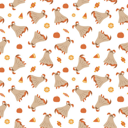 Ghost dog Halloween pattern. Cute beige spooky dog Halloween seamless pattern. Trick or treat dog in a ghost costume repeated background. Halloween sweets, candies, puppy cartoon vector illustrationのイラスト素材