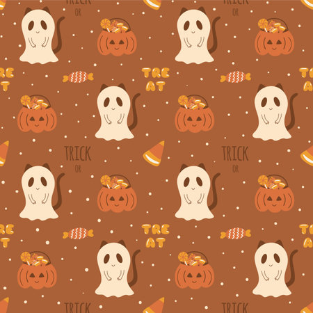 Halloween cat dressed in a ghost costume. Candies halloween seamless pattern. Halloween party. Cute kids illustration texture for fabric, wrapping, textile, wallpaper, apparel. vector backgroundのイラスト素材