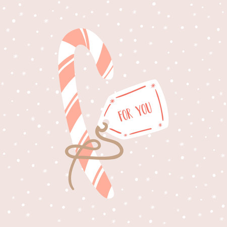 Christmas candy cane sweet stick. Christmas greeting card For you. Hand drawn pink Christmas or New Year festive sweet candy. White cane with pink stripes postcard. vector illustrationのイラスト素材