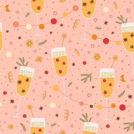 Champagne flute pink Christmas pattern. Champagne glasses. Happy New Year party celebration, Prosecco, Cava seamless background. vector illustration. Cheers Christmas background card, posterのイラスト素材