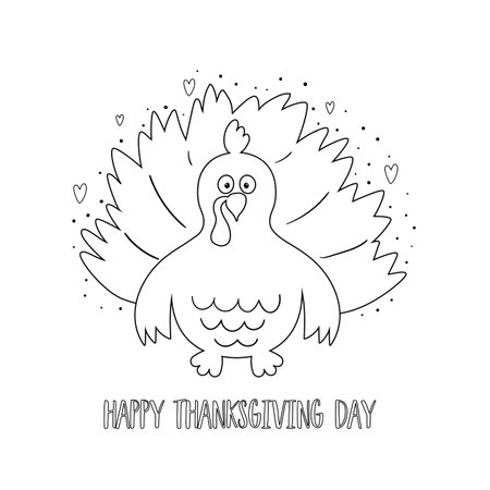 Turkey coloring page. Thanksgiving turkey coloring book. Black and white cartoon turkey. Cute vector Illustration. Easy farm bird animal contour.のイラスト素材
