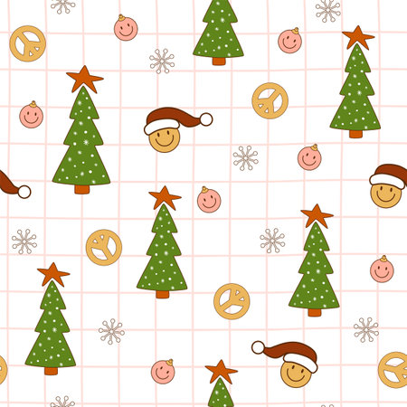Groovy Christmas pattern. Retro 70s Hippie Groovy Christmas tree background, groovy Santa, peace symbol. Groovy checkered print. Vintage 60s surface design, wrap paper, package. vector illustration.のイラスト素材