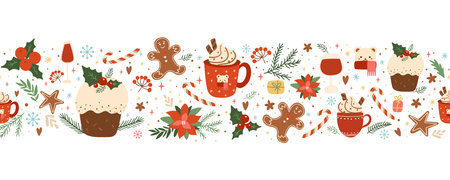 Christmas cake, pudding, food, coffee, gingerbread seamless border with winter holiday floral decorative elements. Baked Christmas dessert, hot winter drink. horizontal repeat vector illustrationのイラスト素材