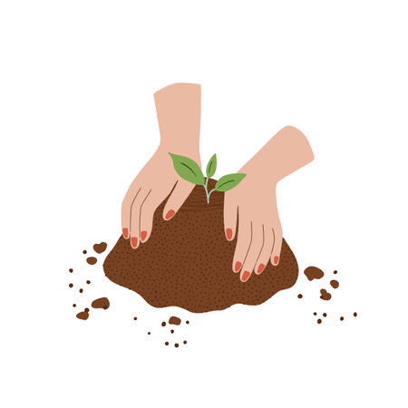 Plant seedling growing. Hands put green shoot into ground isolated vector illustration.のイラスト素材
