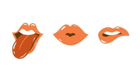 Pink lips set isolated element. Kisses for valentines day, wedding, date, romantic collection. Cartoon open mouth with tongue funny vector illustration. Open lips with teeth. French woman lips, kisses.のイラスト素材
