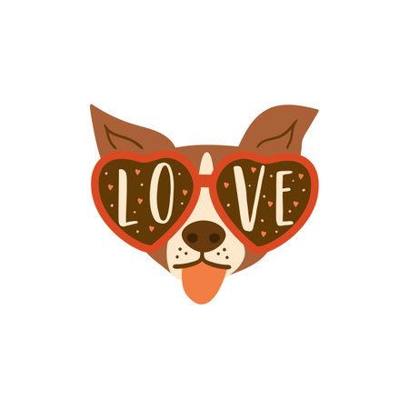 Dog wears glasses with love text into. Funny lovely puppy head for the Valentines day. Isolated vector illustrationのイラスト素材