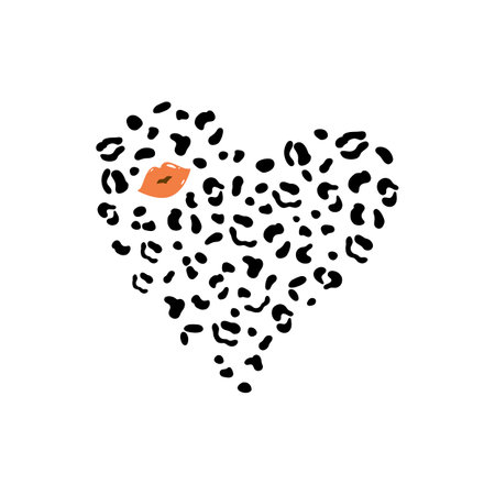 Black leopard heart, kiss, red lips shape isolated element. Valentines day heart symbol, romantic love vector illustration. Jaguar animal skin print. Hand drawn leopard heart graphic design, .のイラスト素材