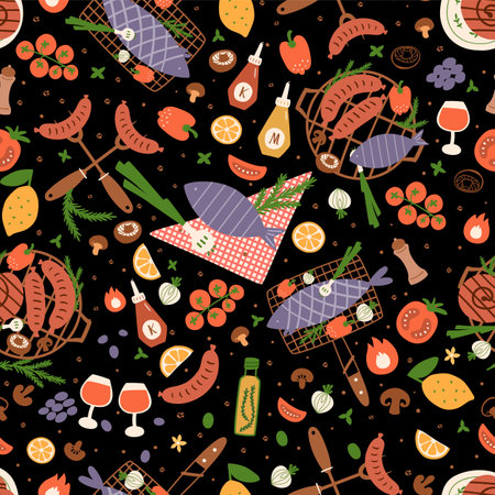 BBQ party seamless pattern. BBQ party food repeat background. Summer picnic wallpaper with barbecue grill, roasted sausages, tomatoes vegetable grilled fish. Cartoon picnic vector illustration.のイラスト素材