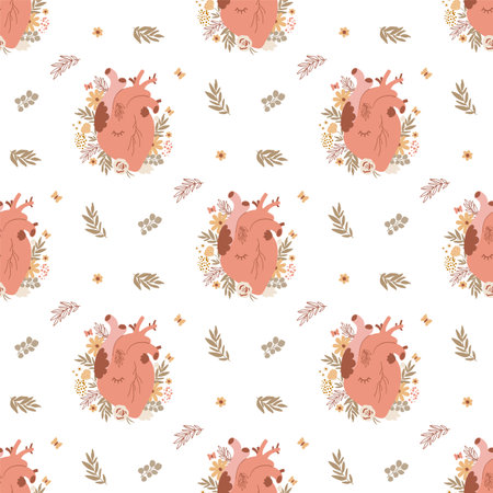 Floral anatomical heart seamless pattern for Valentines day or cardio health care background. Blooming anatomical human heart illustration.の写真素材