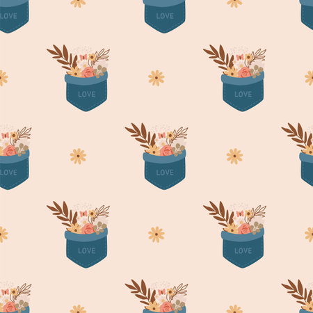 Flowers in pocket. Spring seamless pattern design in vector. Romantic background for Valentines day.のイラスト素材