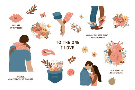 Valentines day couple, flowers, phrases vector isolated elements for the February 14th, save the date design, romantic love illustration.のイラスト素材