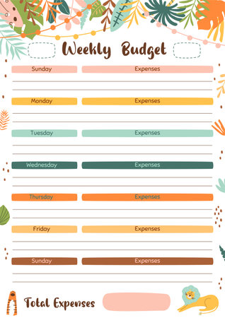 Weekly budget planner template for print. Week plan printable design for home budget, worksheet A4 size. vector illustration. Bright tropical jungle frame, cute lion.のイラスト素材